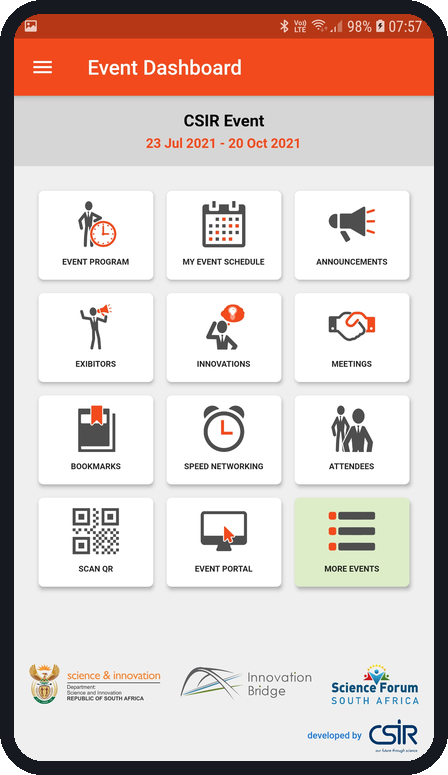 CSIR Events app: Event Dashboard screen
