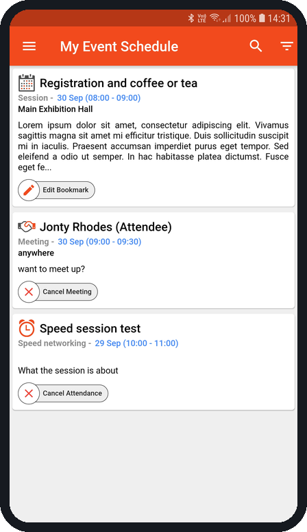 CSIR Events app: My Event Schedule screen