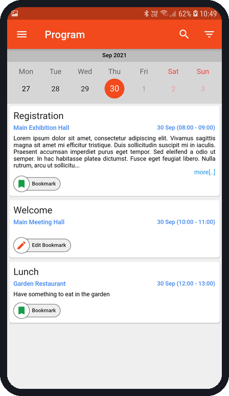 CSIR Events app: Programme screen