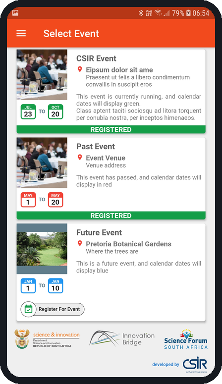 CSIR Events app: Select Event screen