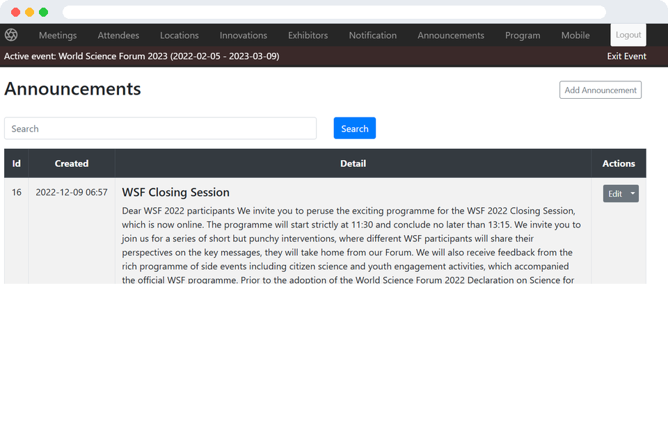 CSIR Events admin portal: Announcements