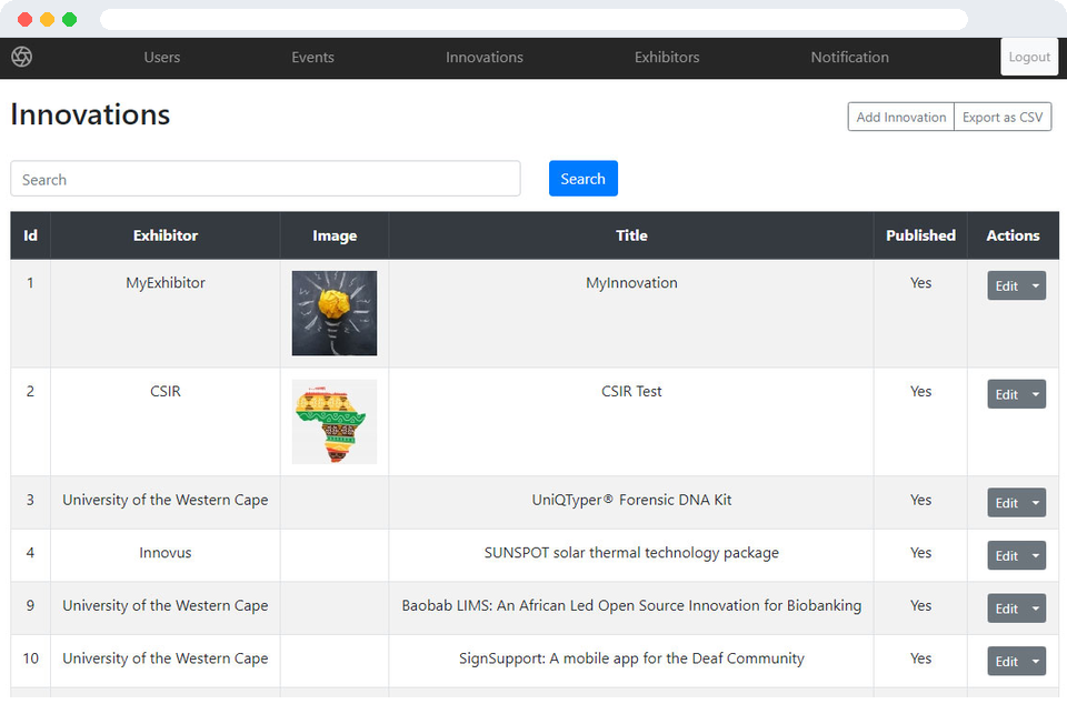 CSIR Events admin portal: Innovations