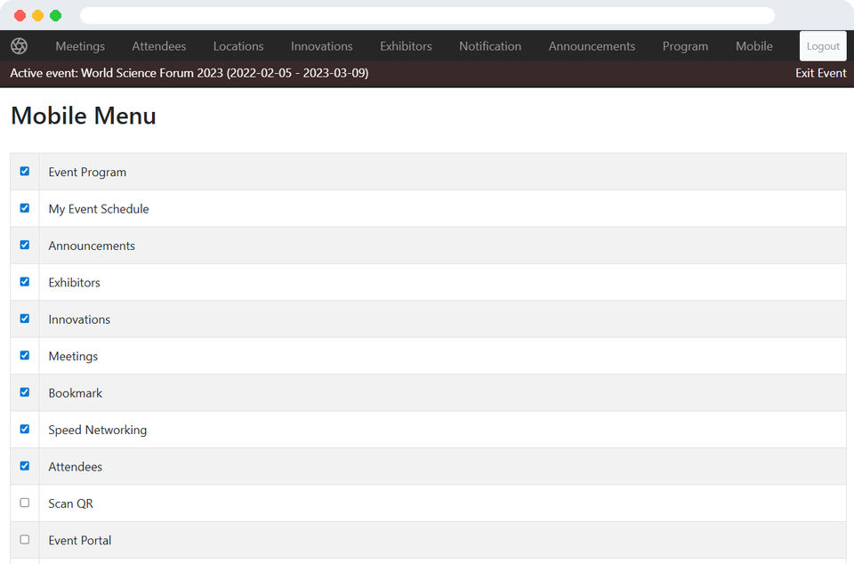 CSIR Events admin portal: Mobile Menu settings